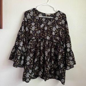 easel Tops | Black Floral Lace Up Blouse